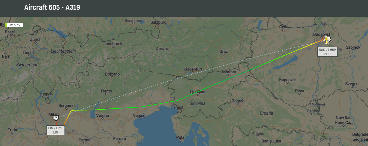 Orban used military aircraft Orban used military aircraft image: A map of the flight path of an airplane from Budapest to Milan