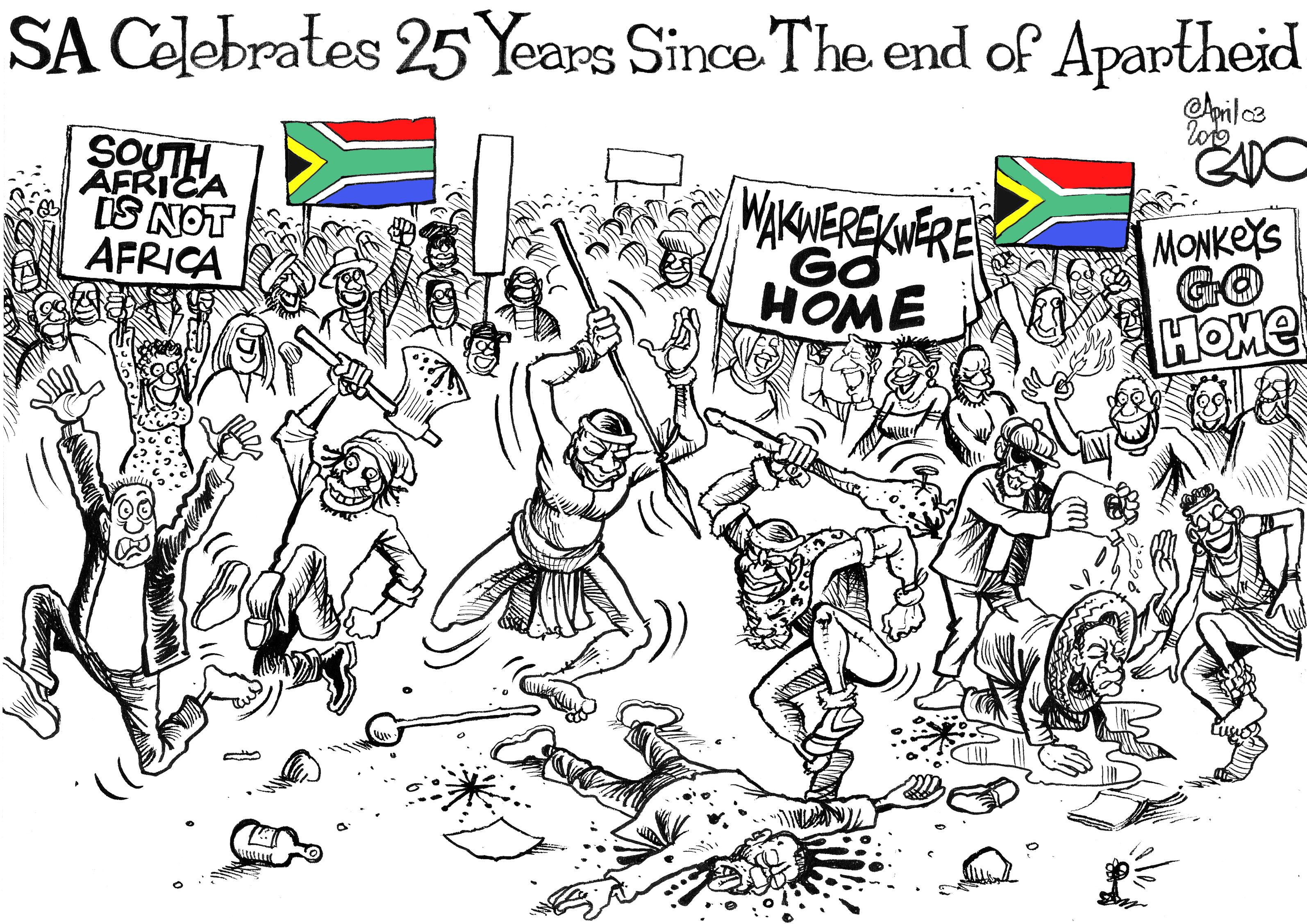 Xenophobia 25 Years after Apartheid in South Africa Karikatur der Feierlichkeiten zum 25 jährigen Jubiläum des Endes der Arpartheid