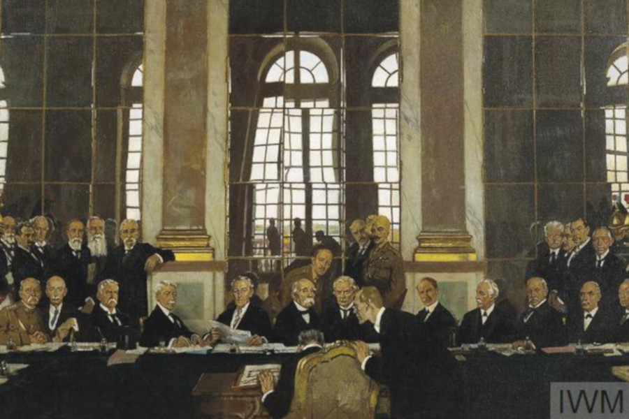 Unterzeichnung des Versailler Vertrags 1919 - Gemälde von William Orpen Unterzeichnung des Versailler Vertrags 1919 - Gemälde von William Orpen